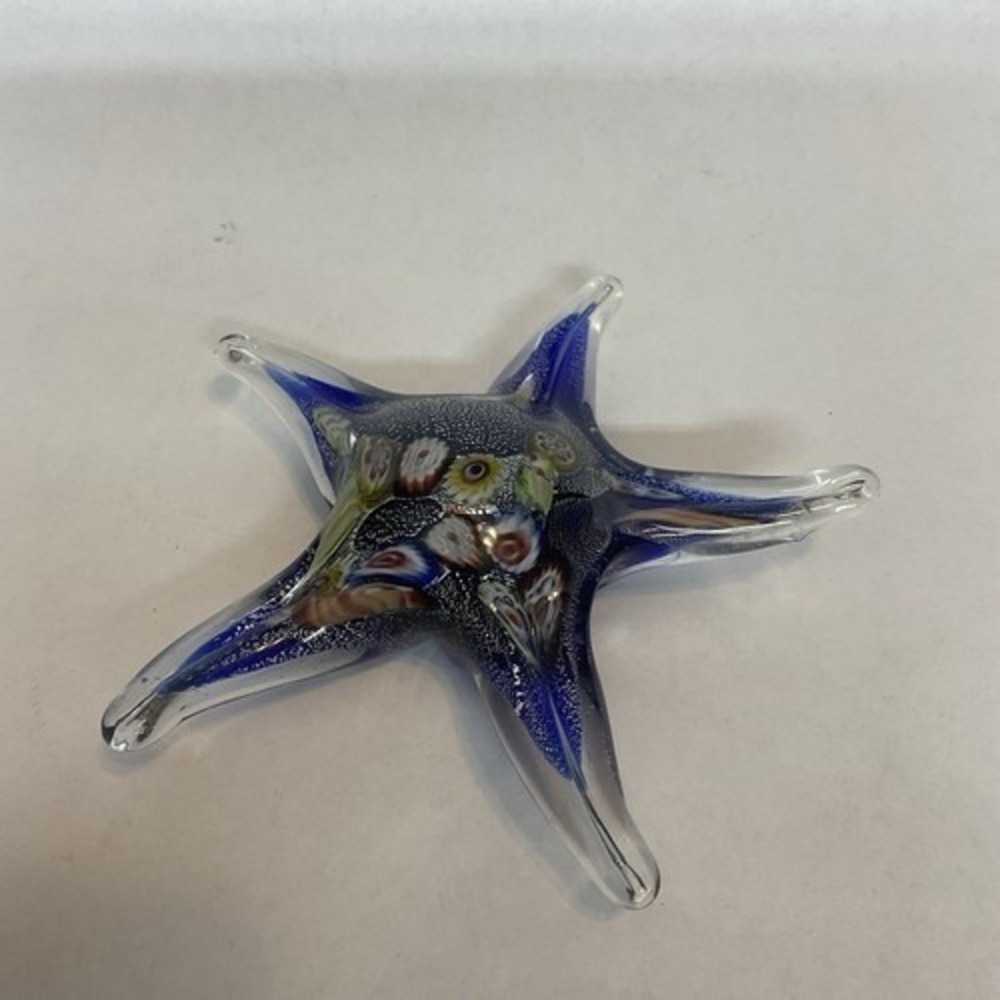 Vintage Art Glass Starfish Paperweight Blue Millefiori Aquatic Art Glass 6"